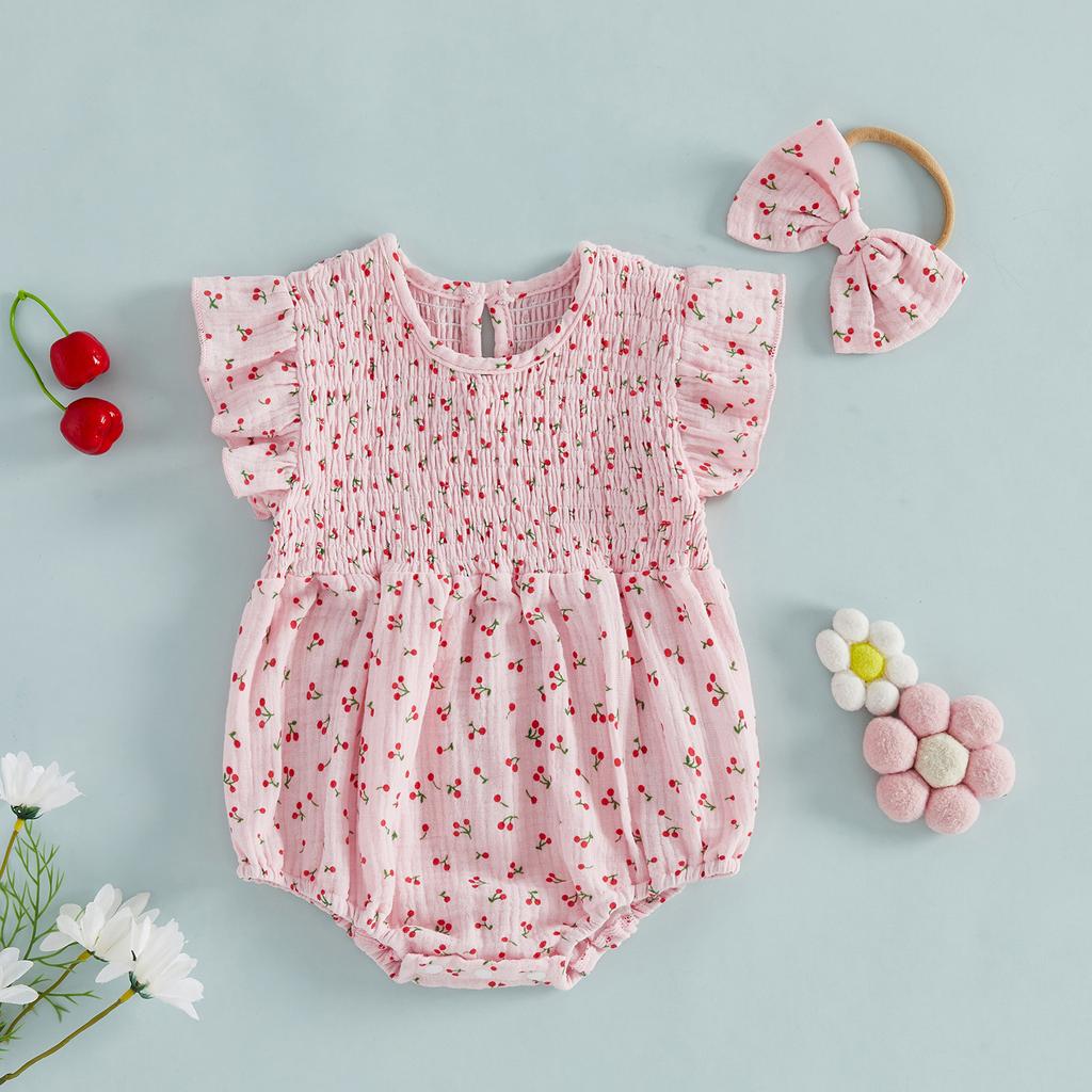 Baby Girl Summer Outfits Floral Print Smocked Crew Neck Flying Sleeve Romper and Bow Headband 2 Pcs Set