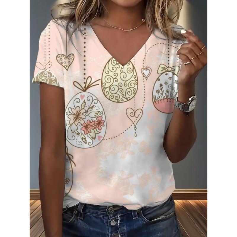 Womens V-Neck Loose Fit Short Sleeve T-Shirt With Colorful Geometric Starry Print Casual Top