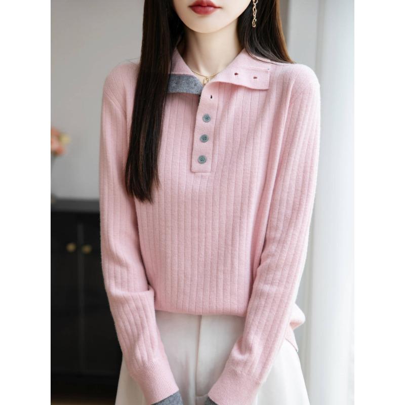 

Осень и Зима Новый Стиль Трикотажный Свитер Французский Контрастный Имитация Двойки Базовый С Полуоткрытым Воротником Пуловер С Длинным Рукавом Свитер для Женщин M серый/розовый