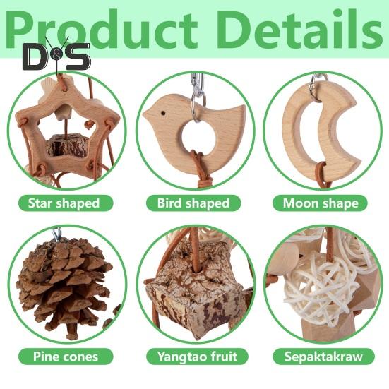 Colorful Hanging Parrot Bird Toy Training Biting Chewing Accessory Handmade Natural Wood Bird Swing Hanging Wind Chime for Parrot