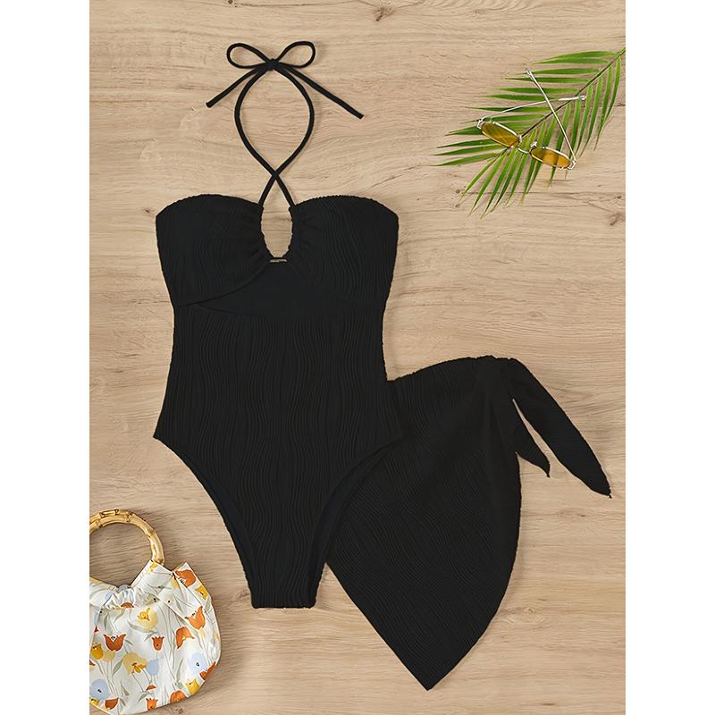Sexy Solid Striped Bikinis Dress 2 Piece Set Women High Waist Split Swimsuit Backless Lace Up New Summer Bikinis Set
