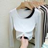 Stylish Korean Square Neck Faux Two-Piece Long-Sleeve Women's T-Shirt – Versatile Base Layer