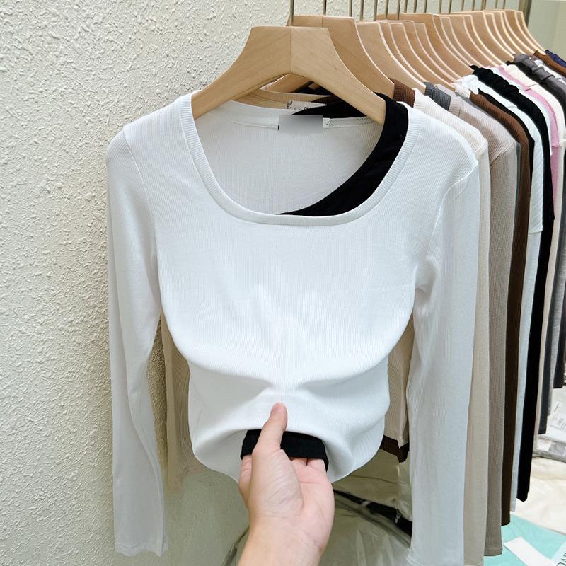 Stylish Korean Square Neck Faux Two-Piece Long-Sleeve Women's T-Shirt – Versatile Base Layer