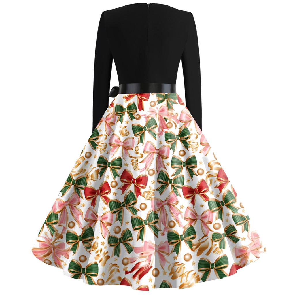 Damen Casual Weihnachten Print V-Ausschnitt Vintage Kleid für Feiertagspartys und den Alltag