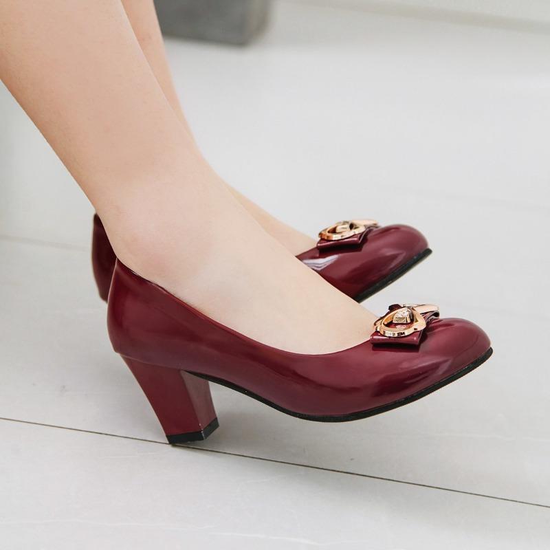 2025 Fashion Women's High Heels Round Toe Bow Basic Versatile Solid Color Metal Decoration Women's Slip-on Block Heel Shoes