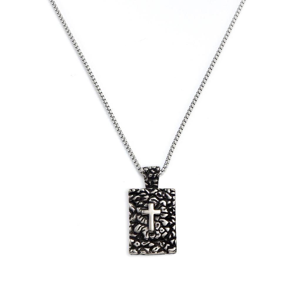 Men's Retro Stainless Steel Hammered Pendant Necklace with Long Box Chain