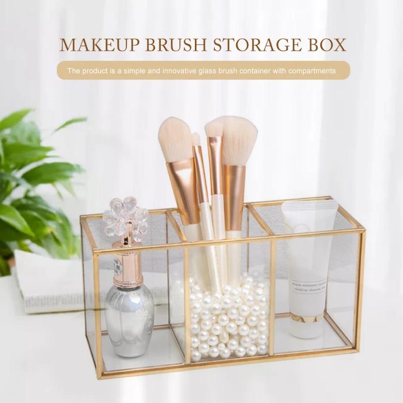 Premium Glas Make-up Pinsel Organizer mit Goldrand Kosmetik Pinselhalter für Lippenstifte Eyeliner Wasserdichte Staubdichte Aufbewahrungsbox