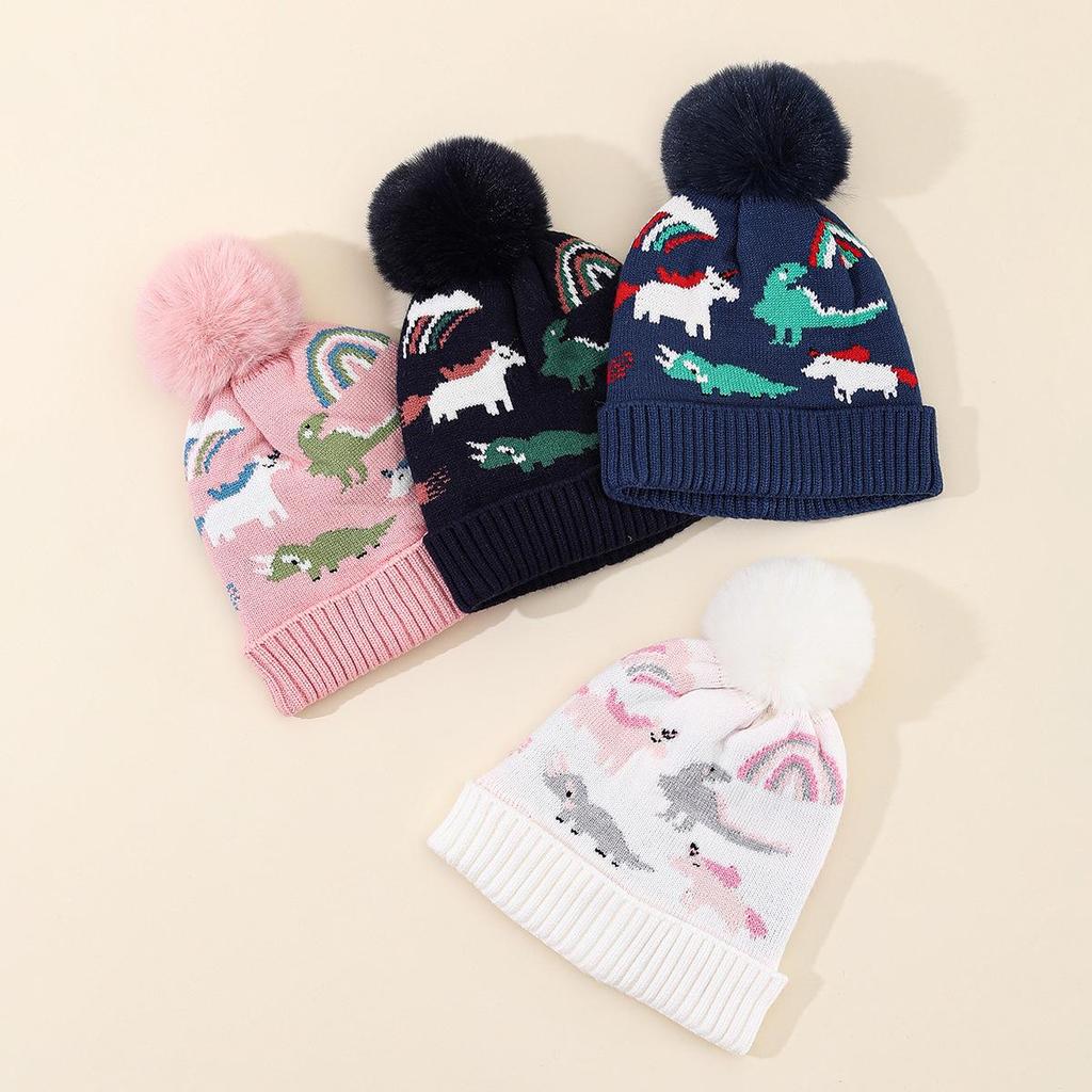Children's Cute Dinosaur Fleece-Lined Knitted Wool Hat for Autumn & Winter
