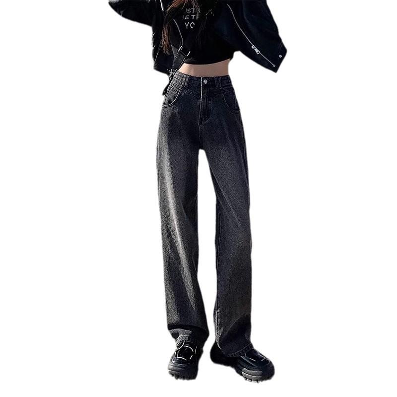 Women's Retro Black and Grey Wide-Leg Jeans - High Waist, Slimming, Petite Fit for Autumn/Winter 2024