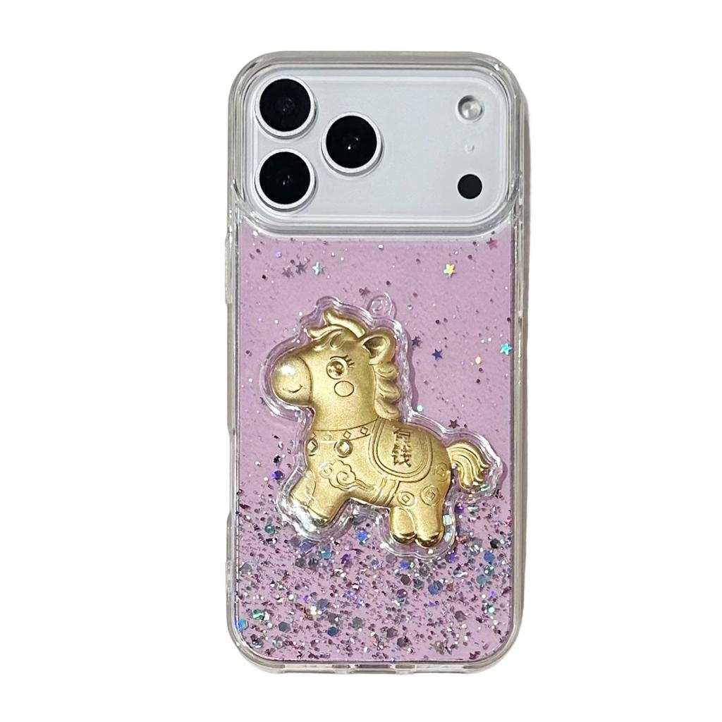 For iPhone 17 Pro Case Sparkling Glitter PC Phone Cover with Golden Horse Ornament