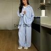 Autumn New Arrival Women clothes Two-piece Set Polo Collar Loose Long sleeve Stripe Shirts Casual Straight Wide Leg Trousers