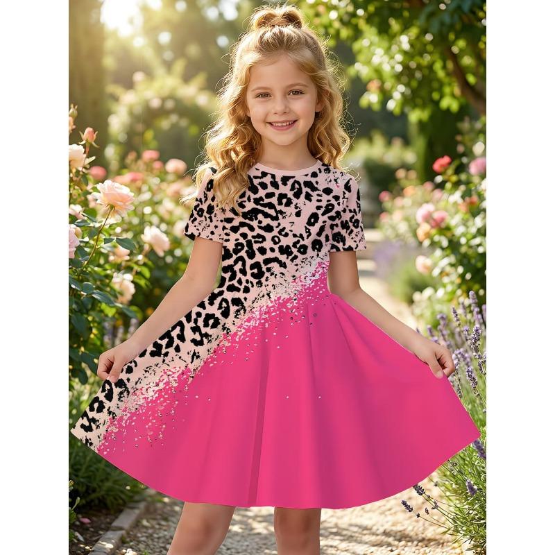 Leopard Print Summer Girls Dress Short Sleeves All Printed Frocks Cute A-Line Princess Dress for Young Girls