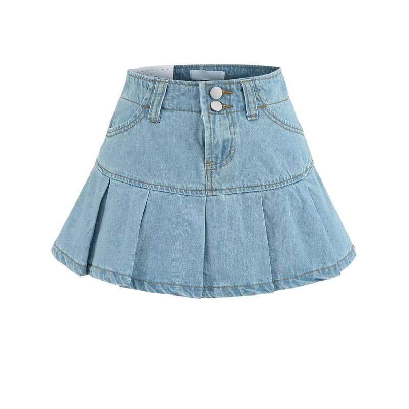 Summer New Product Women's Clothes American Sexy Style Two-Button Pleated A- line High Waist Slimming and Short Denim Skirt