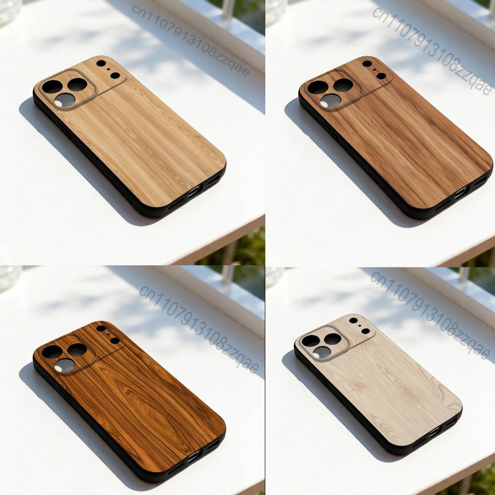 N-Natural Wood Printing Phone Case For iPhone 11,12,13,14,15,16,17,Pro,Max,Plus,E,SE4,Air,Mini Black Soft Cover