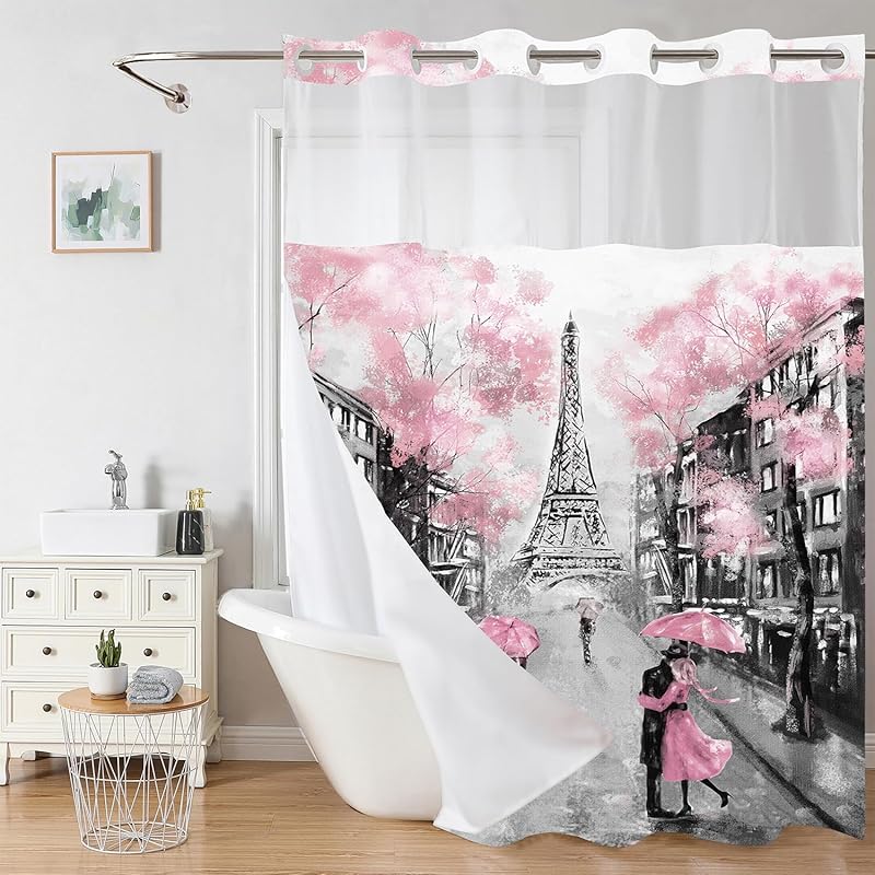 No Hook Pink Bow Shower Curtain and Liner Set Cute Shower Curtain with Snap in Liner Fabric Bathroom Curtain with Liner Set Double Layers Waterproof