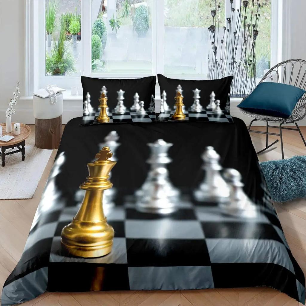 Chess Duvet Cover Set Chess Sports Games Bedding Sets Buffalo Plaid Check Comforter Cover Flowers Checkerboard Quilt Cover Queen