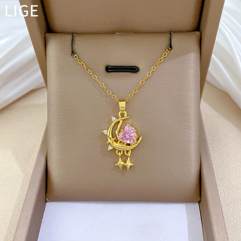 Pink Star Moon Full Diamond Light Luxury Temperament Gorgeous Full Diamond Necklace Female Versatile Collarbone Chain Titanium Steel
