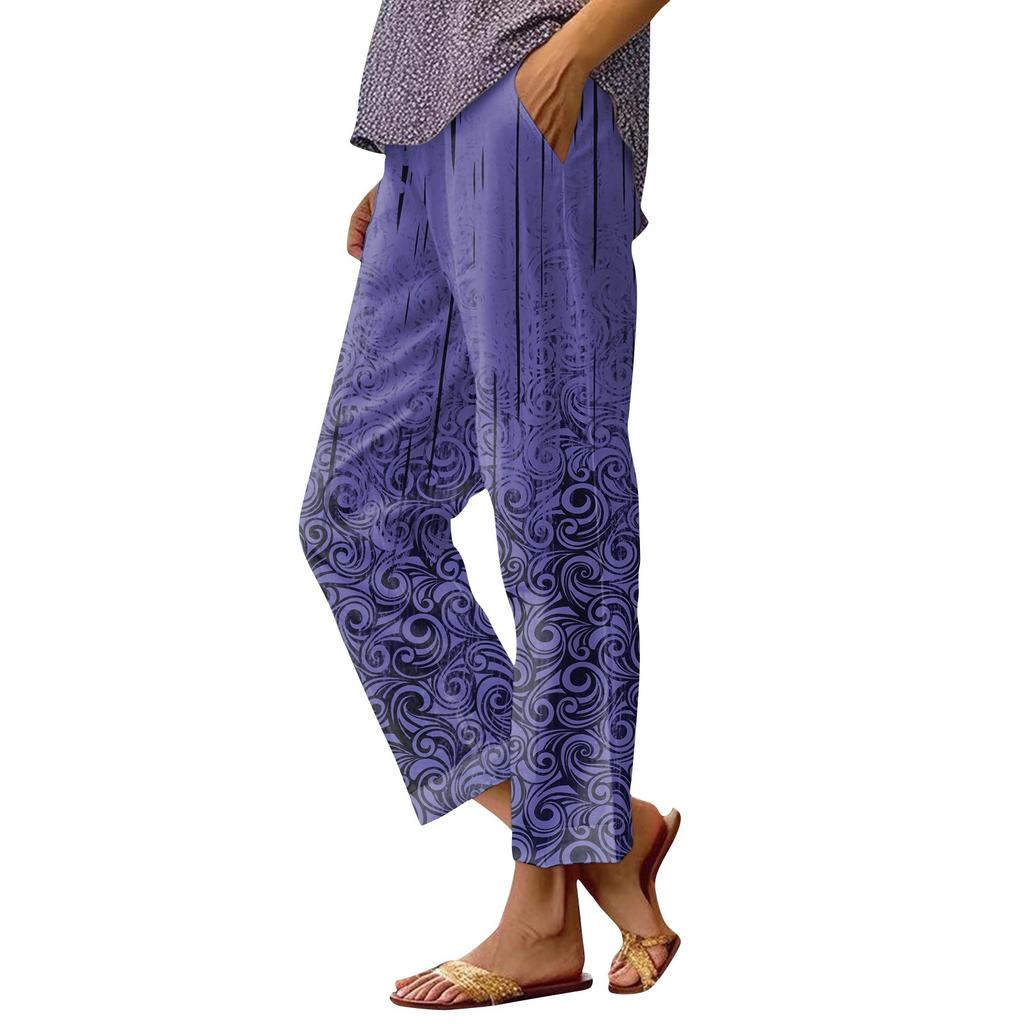Women's Casual Pants Fashionable Printing Pockets Elastic Waist Pants