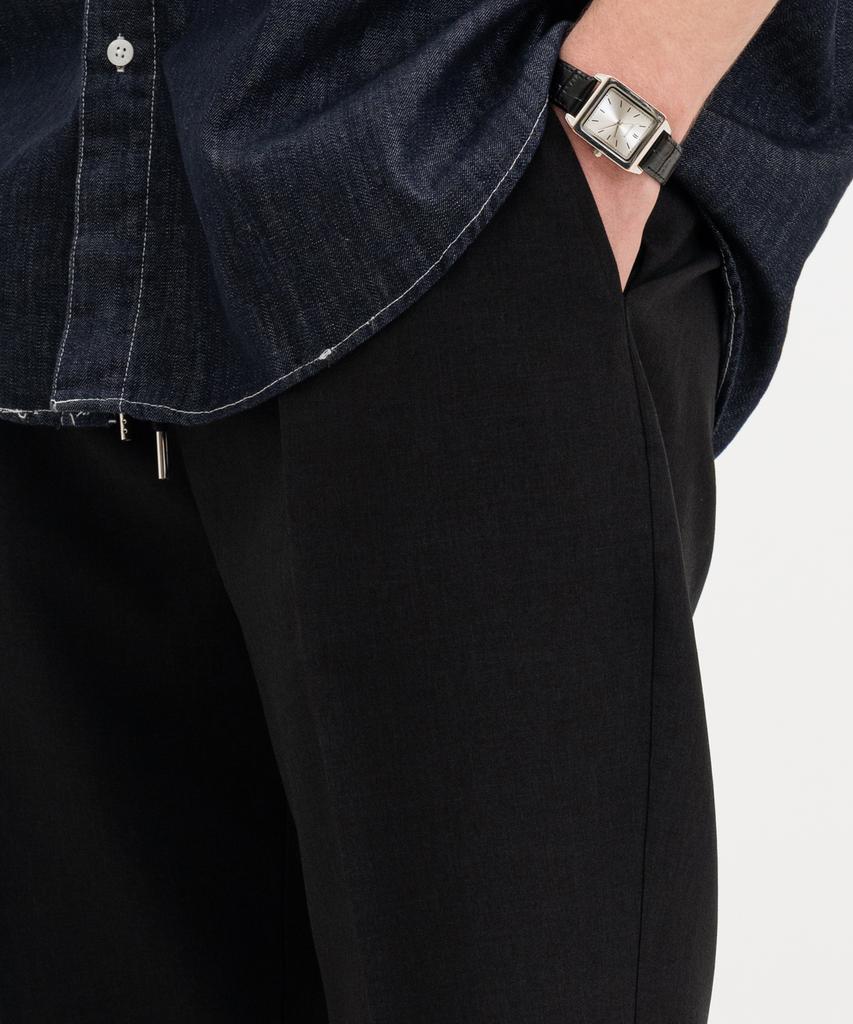 Atejeu Cool Linen-Like Single-Pleat Semi-Wide Elastic Waist Pants [Black]