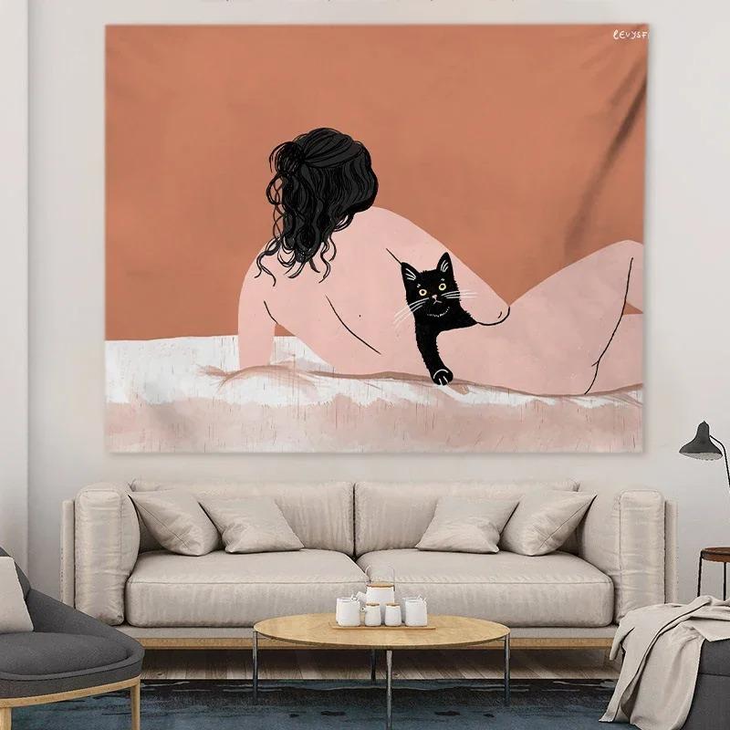 Çizgi Film Kedi Desenli Dekoratif Goblen Ev Duvarı Oturma Odası Ofis Dekoratif Goblen