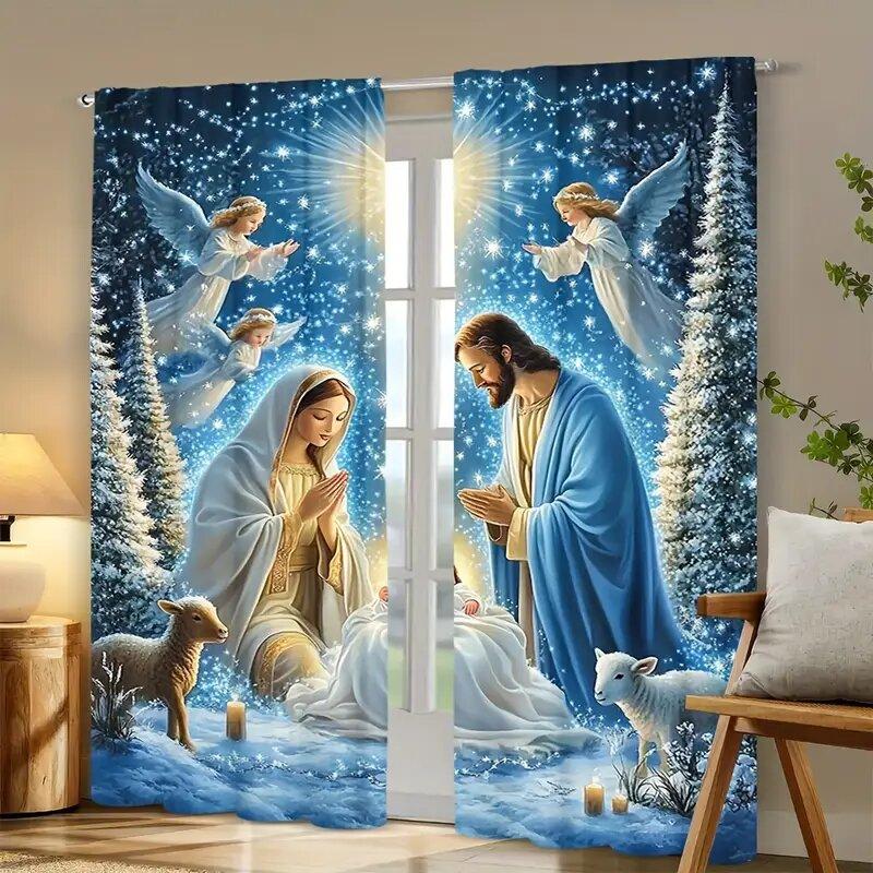 Christmas Jesus Nativity curtains, pole bag curtains, bedroom and living room decoration, home decoration, Christmas decoration
