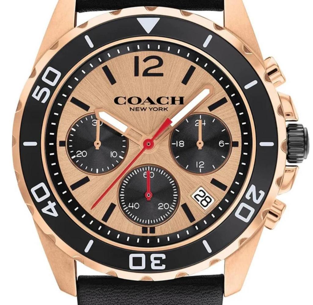 Coach Orologio Cronografo Kent Quadrante Oro Rosa Cinturino in Pelle Nera da Uomo - 14602559