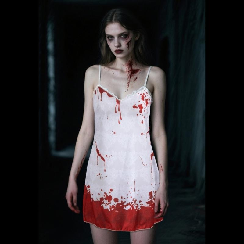 Halloween Abschlussballkönigin Kostüm Blutiges Nachthemd Kleid Abschlussballkönigin Schärpe Kronen Stirnband Cosplay Verkleidungsparty Zubehör