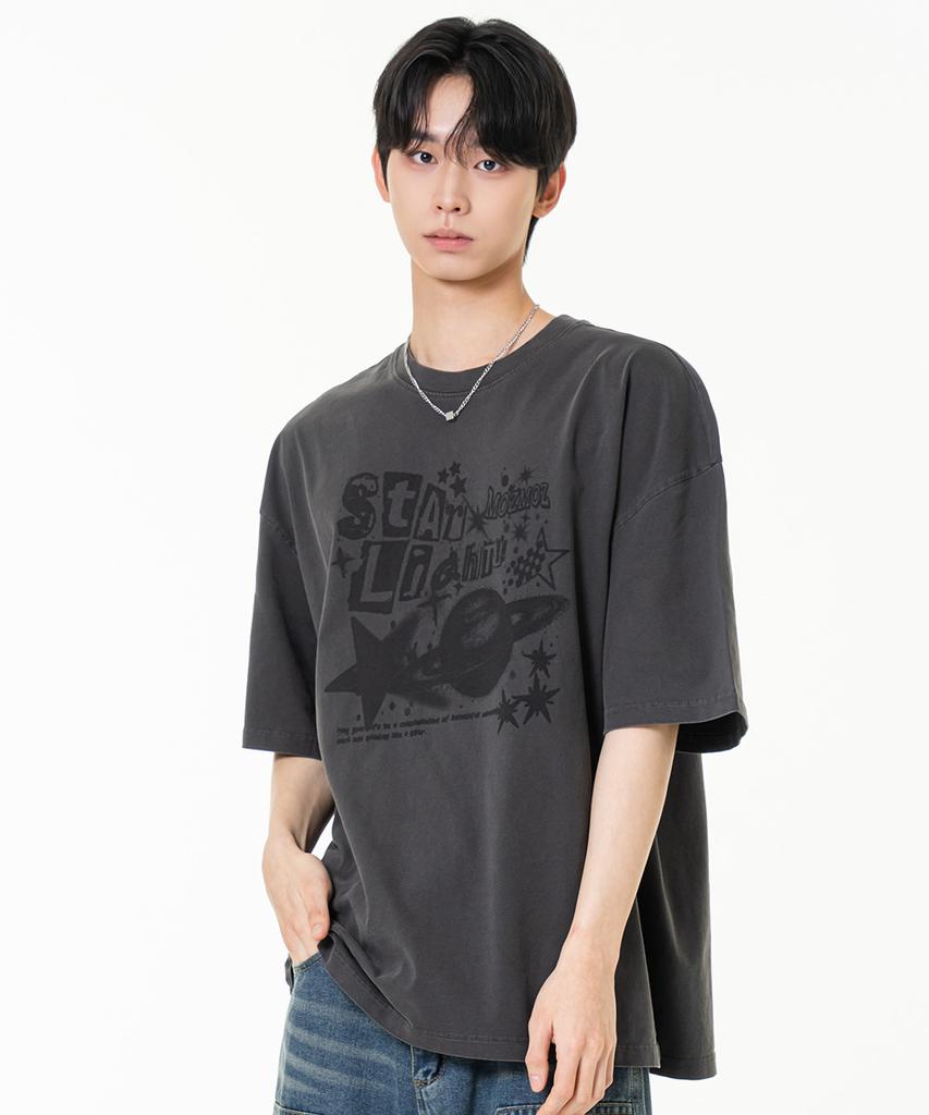 MOZMOZ Starlight Pigment Oversized Short Sleeve T-Shirt Charcoal