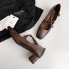 First layer cowhide cross strap Mary Jane shoes 2025 autumn square head thick heel medium heel leather single shoes women