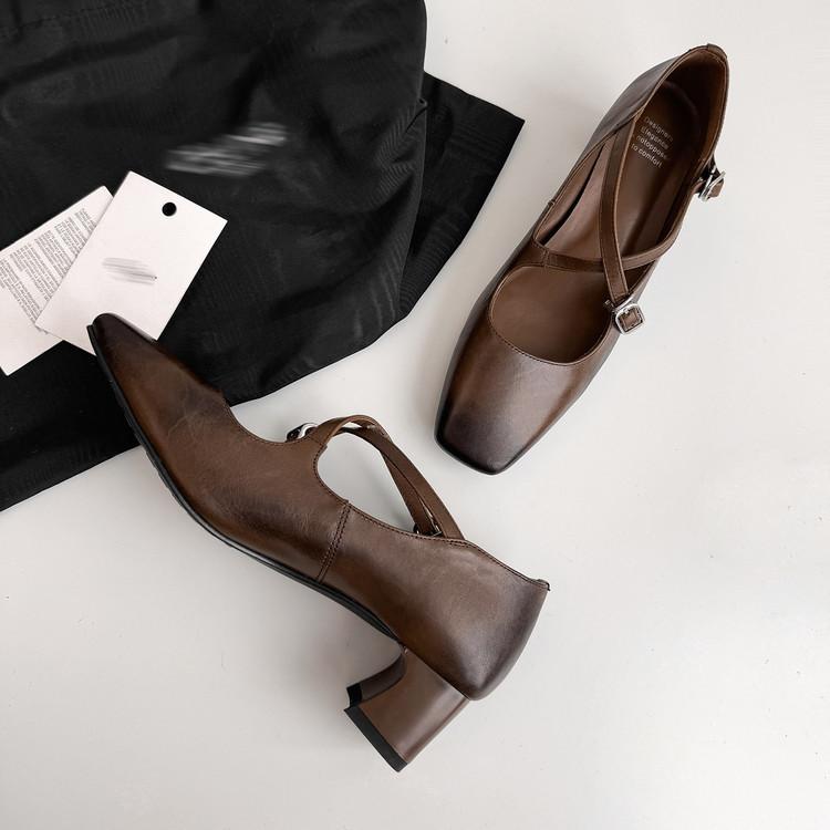

First layer cowhide cross strap Mary Jane shoes 2025 autumn square head thick heel medium heel leather single shoes women 39 темно-коричневого