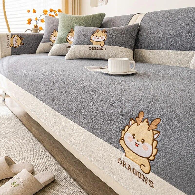 Teddy Velvet Cartoon Sofa Cover Universal Living Room Embroidery Sofa Cover Non-Slip Sofa Backrest Armrest Cover Cushion Cloth
