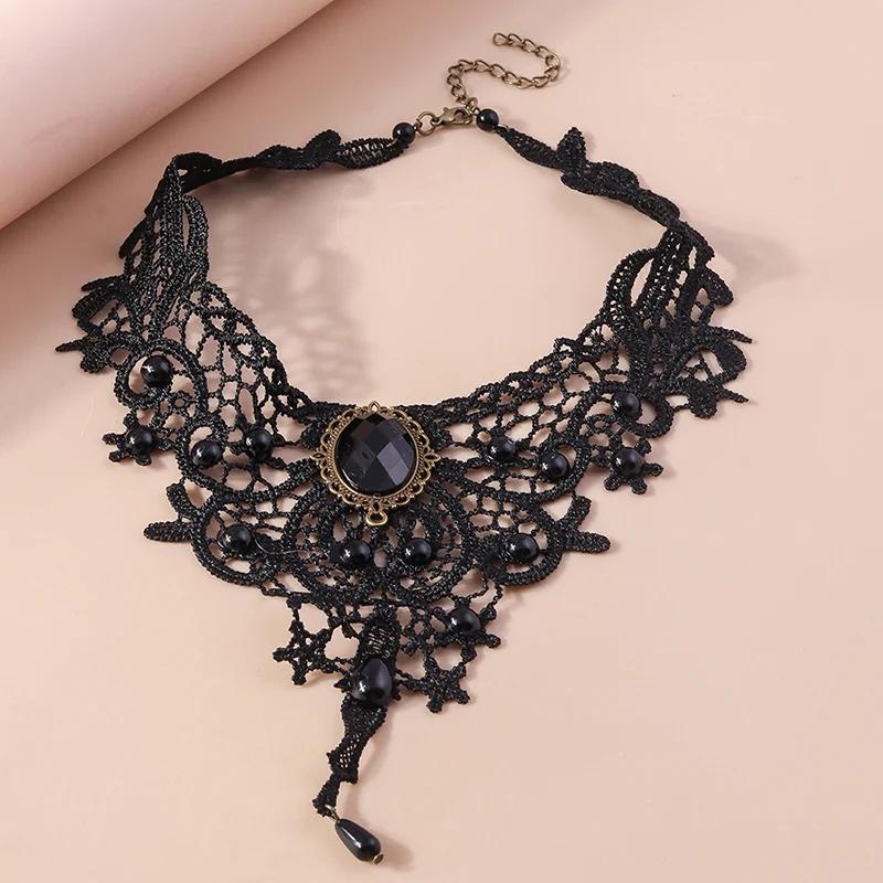 Gothic Black Lace Necklace for Women Steampunk Water Drop Choker Necklaces Girls Party Jewelry Gift