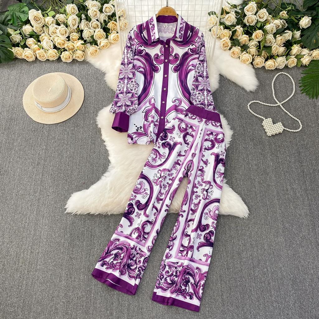 Spring Autumn Vintage Designer Print Runway Trouser 2 Piece Set Women Turn-down Collar Shirt And Elastic Waist Pocket Pant Suit