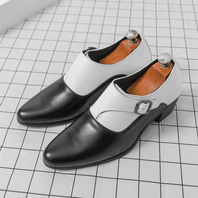 New Slip On Black With White Loafers Men's Pointed Leather Casual Cuban Shoes Wedding Dress Homecoming Footwear Zapatos Hombre