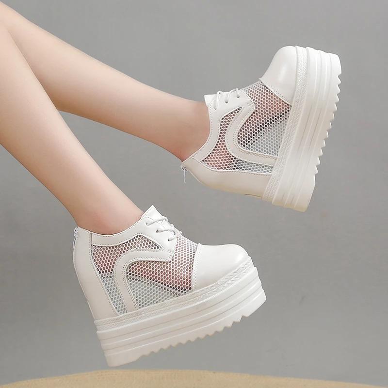 Fashion 12CM New Air Mesh Genuine Leather Breathable Summer Women Mid Calf Ankle Boots Platform Wedge Chunky Sneaker Hollow Shoes