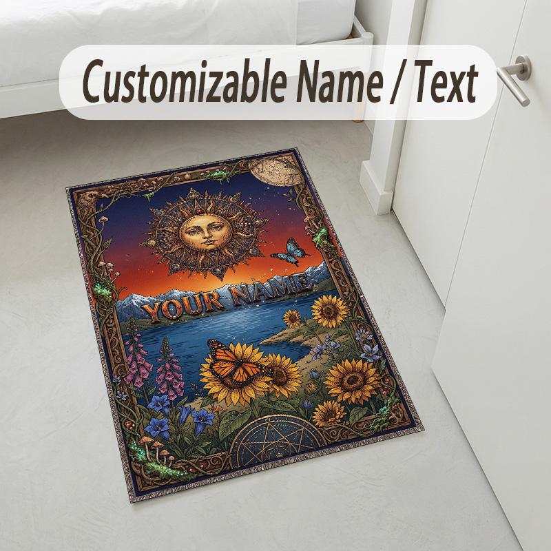 Floral Garden Theme Crystal Velvet Rug Personalized Custom Name Text Soft Floor Mat Home Decor