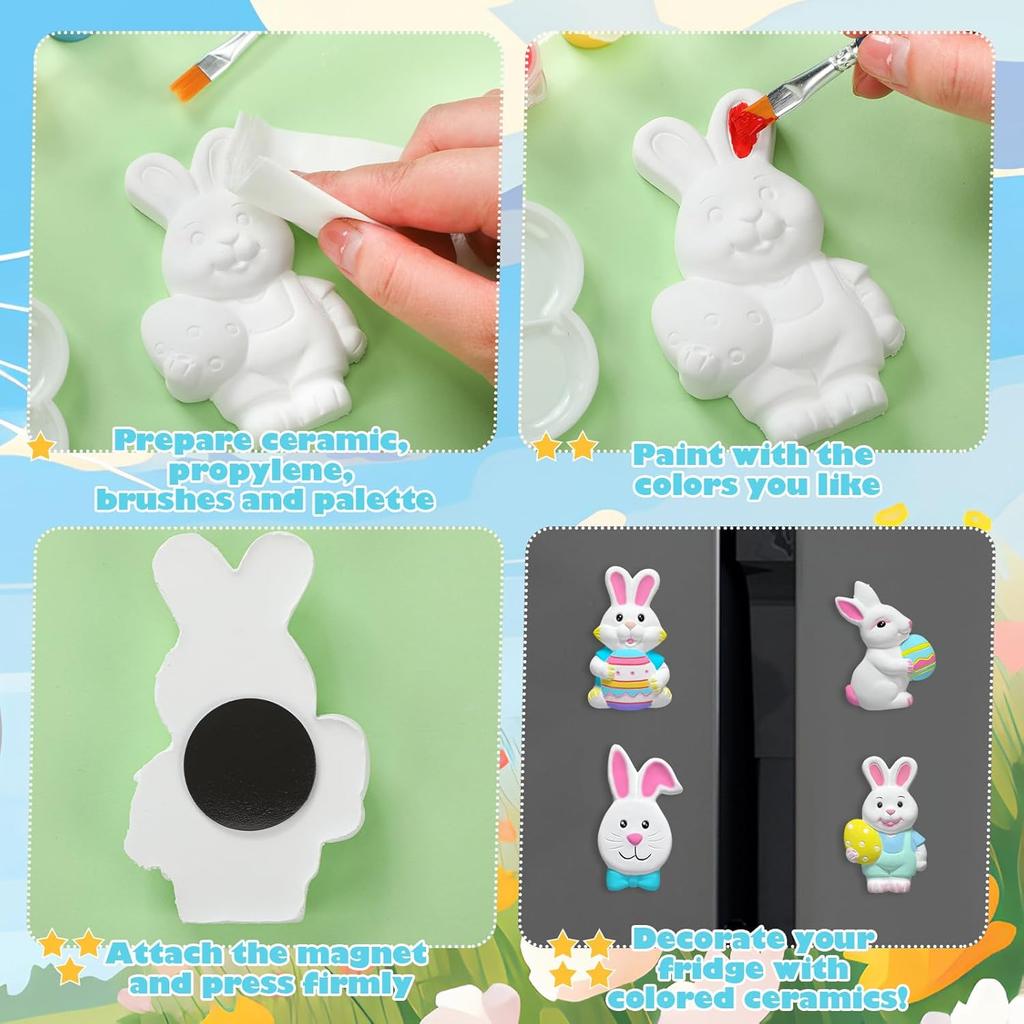 Sinmoe 12 Sets Easter Painting Kit for Kids Unpainted DIY Ceramic Figurines Paint Your Own Figurines Easter Egg Bunny Gnomes Carrot Flower