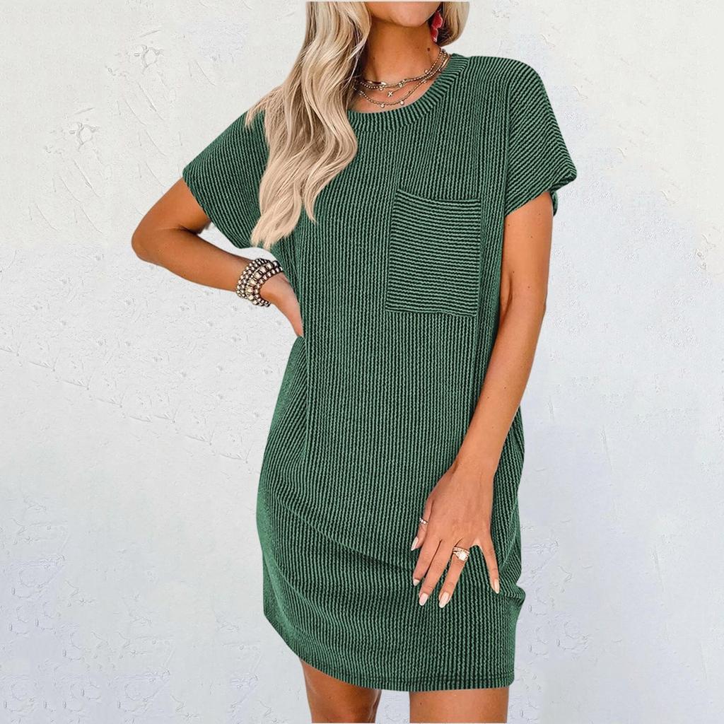 Damen Lässiges Modekontrastfarbenes verdrehtes Streifen-Kurzarmtaschenkleid