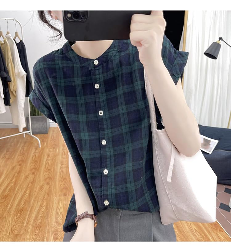 Cotton linen cotton linen short gauze cotton no stripe for work or school [Hanmall] shirt, blouse, women's, sleeve, shirt, linen, collar, summer,