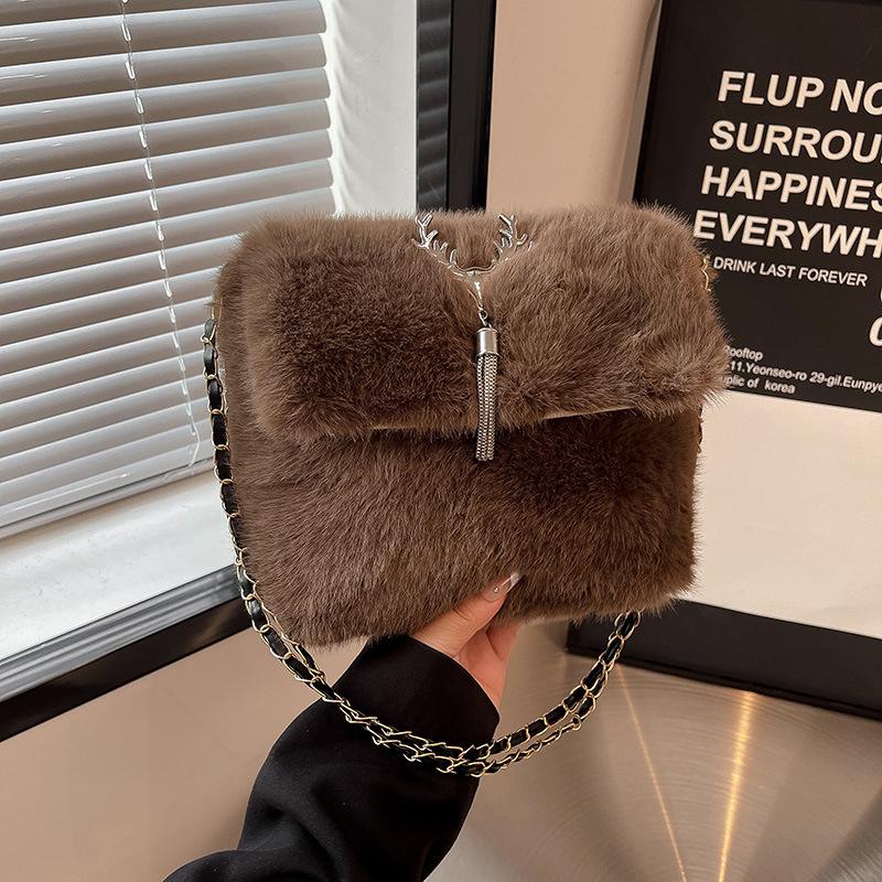 2025 Autumn/Winter Plush Tassel Antler Crossbody Shoulder Bag - Versatile Small Square Fashion Handbag