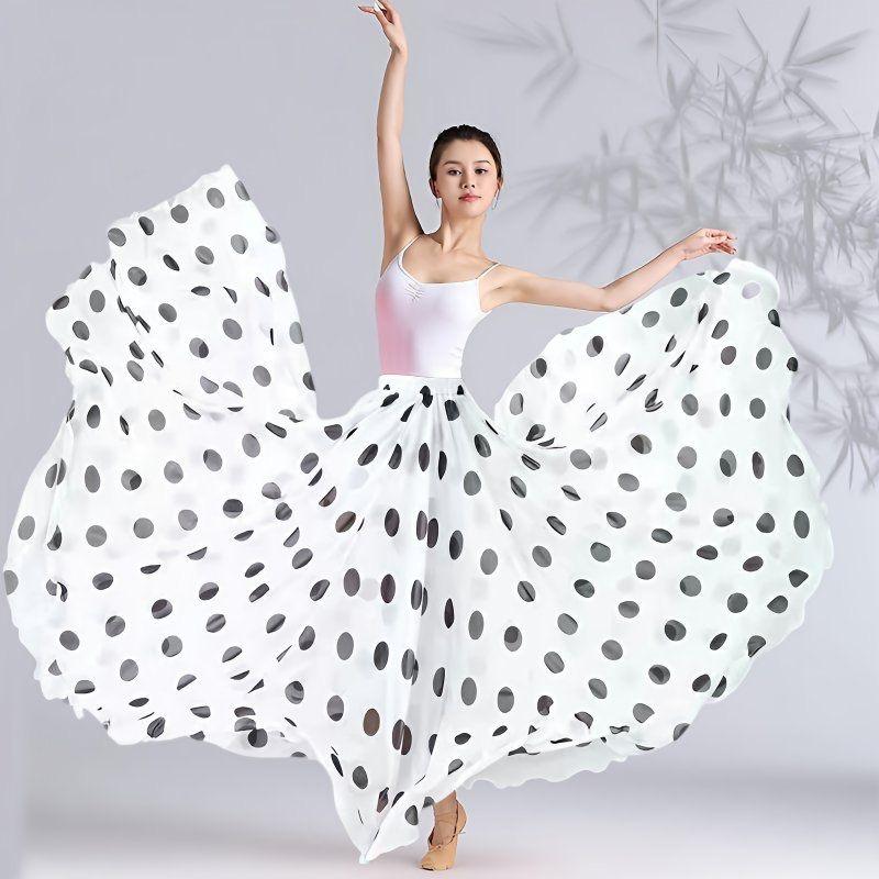 360-720 Degree Classical Dance High-waisted Skirt Flamenco Dance Clothing Polka Dot Print Skirt Dance Stage Performance Outfit