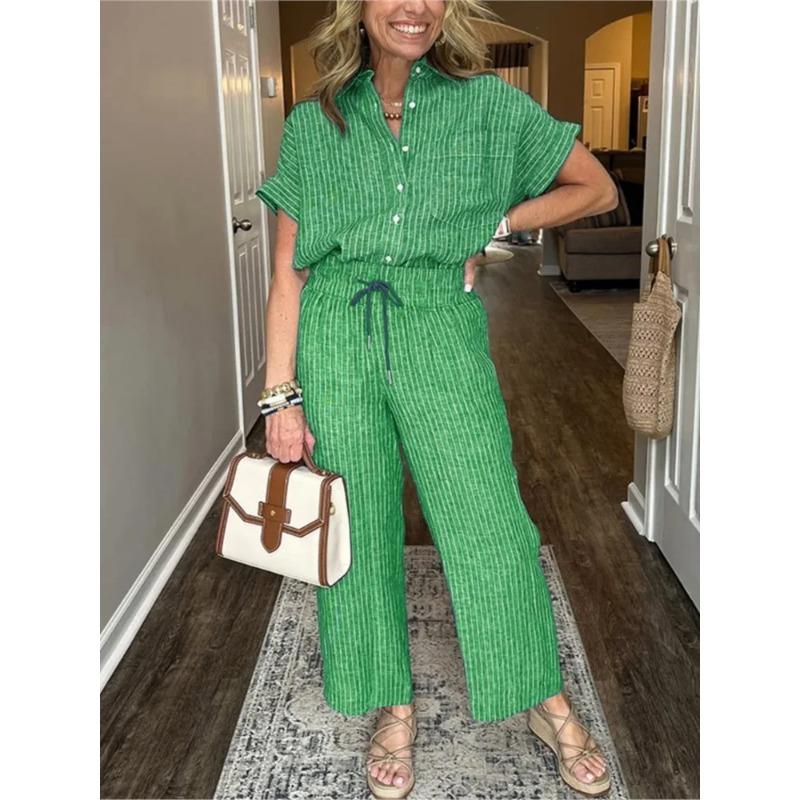 Classic Spring Autumn Striped Printed Short Sleeve Shirt Set Retro Casual Loose Waist Trousers Women's Suit