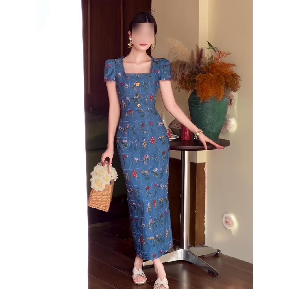 

Платье с квадратным вырезом, цветочное, женское, повседневное, летнее, новое, с завышенной талией, стройнящее, уникальное, красивое, длинная юбка XL- (recommended 110-60kg)