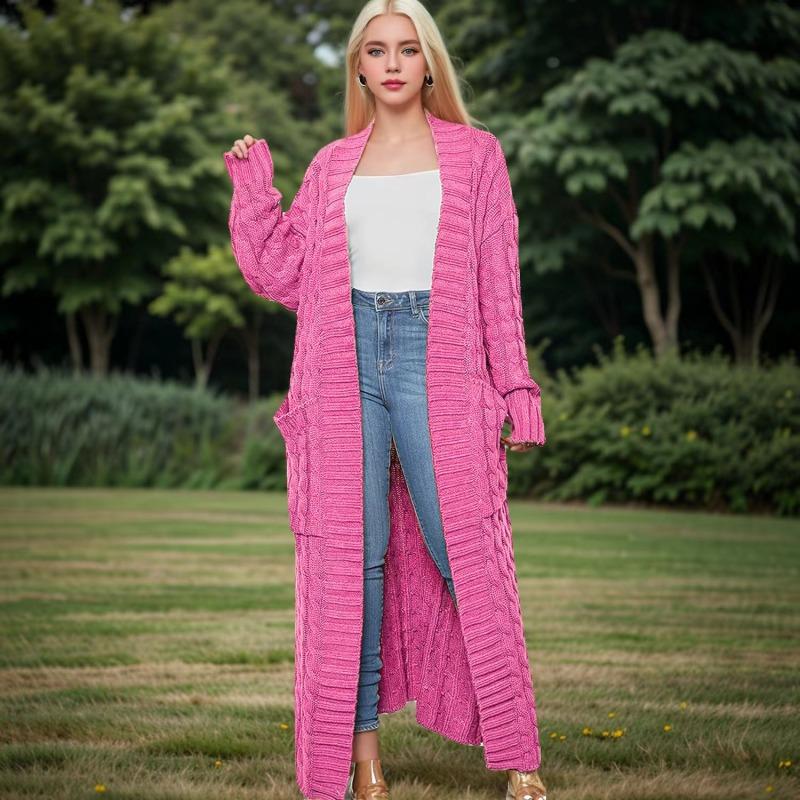 Women's Long Knit Cardigan with Pockets and Elegant Design