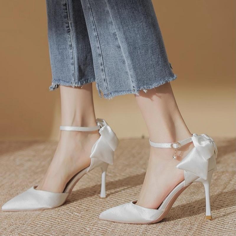 High heels women's summer 2025 new beautiful pointed wedding shoes bridal satin hollow shallow mouth stiletto sandals women