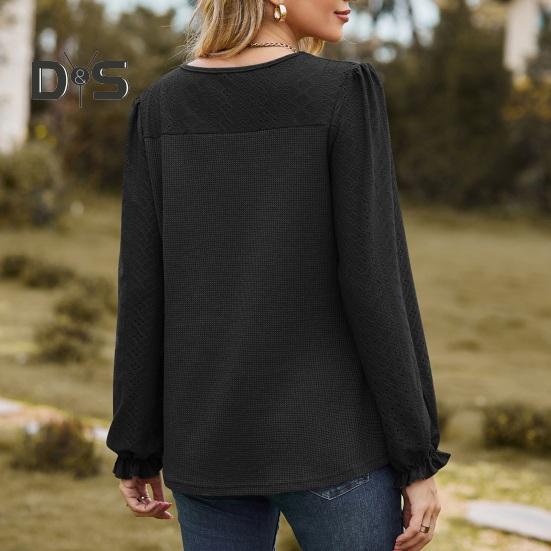 Women Tops Round Neck Puff Long Sleeve Solid Color Tee Shirt with Waffle Decoration Solid Color Loose Fit T-shirt