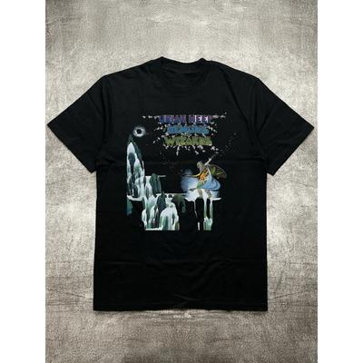Men's Heat Transfer Print Cotton Round Neck Short Sleeve T-Shirt - Fantasy Theme Band Elements Design, Black 200g