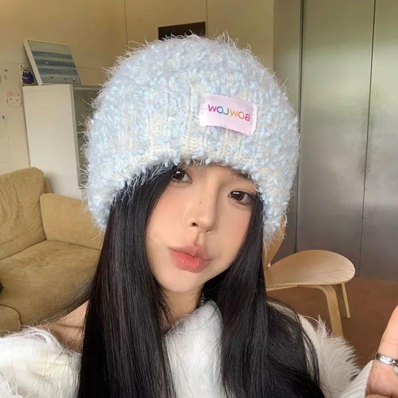 Red Woolen Hat for Women In Autumn and Winter Furry  Warm and Cold Proof Ear Protection Knitted Hat Sweet and Versatile Plush Hat