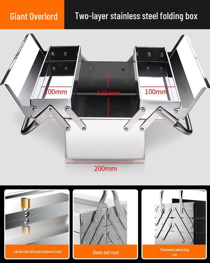 Forest Green Stainless Steel Three-Layer Folding Tool Box - Large, Portable, Industrial-grade Storage for Home and Car.