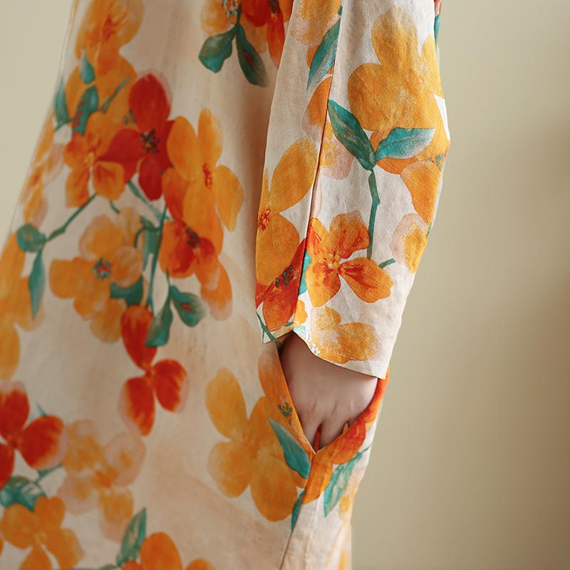 DIMANAF 2025 Women Plus Size Spring Long Dress Loose V-Neck Printing Vintage Casual Floral Oversize Long Sleeve 5050